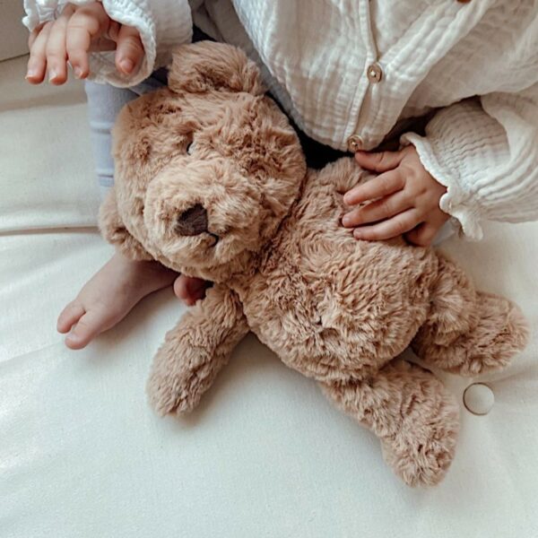 Enfant en train de jouer avec une peluche marron en forme d'ours