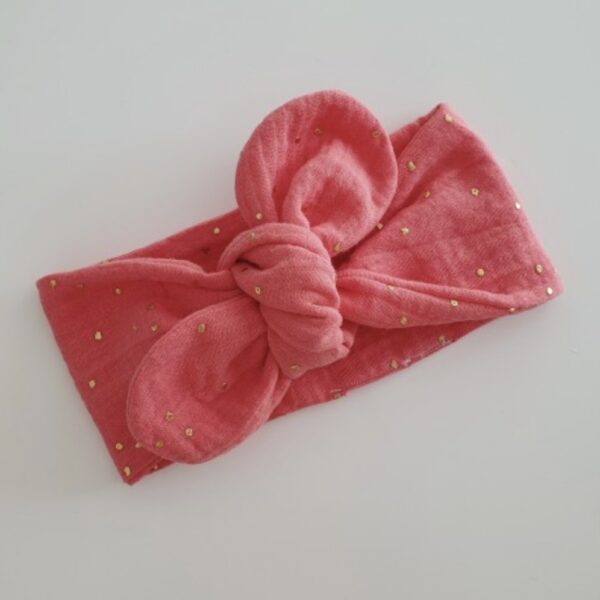 Bandeau enfant pour les cheveux en gaze rose corail à pois or