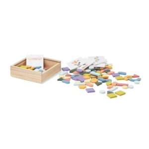 Jeu avec pièces en bois colorées de différentes formes avec boite de rangement en bois