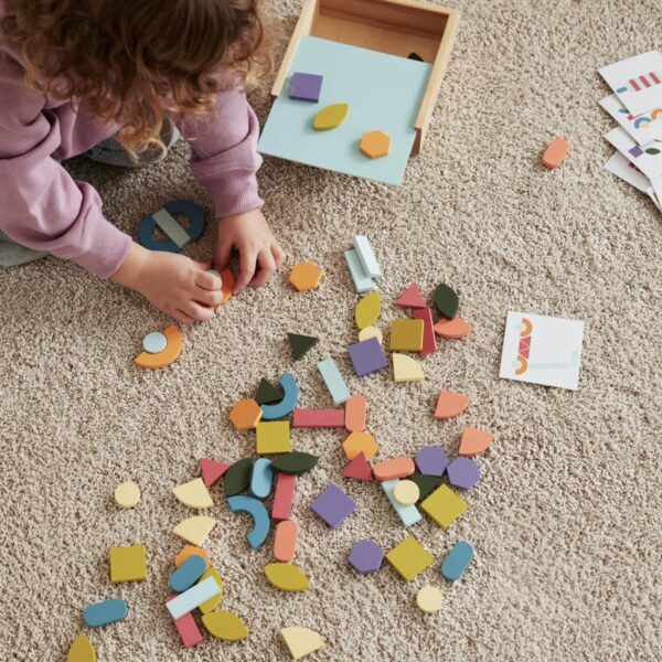 Enfant jouant avec des pièces en bois colorées de différentes formes