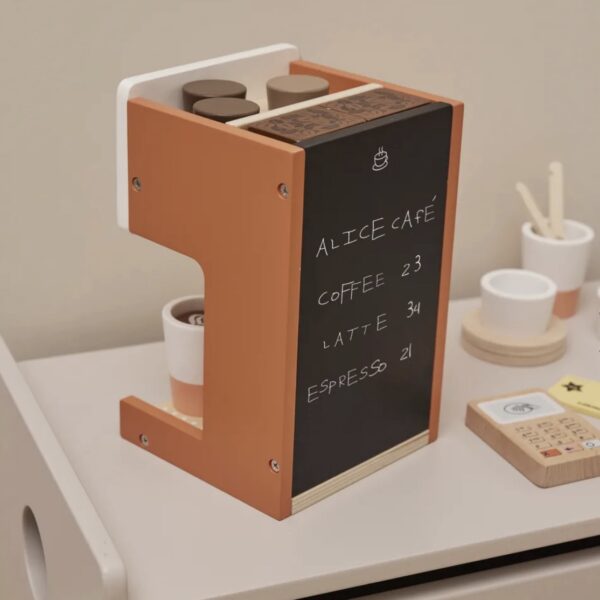 Jouet d'imitation cafetière à capsule en bois coloré avec ses accessoires