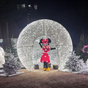 La mascotte Minnie dans une boule éclairée de led en extérieur la nuit