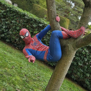 Une personne déguisée en superhéros spiderman pendue dans un arbre