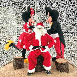 Une personne déguisée en Père Noël avec les mascottes Mickey et Minnie